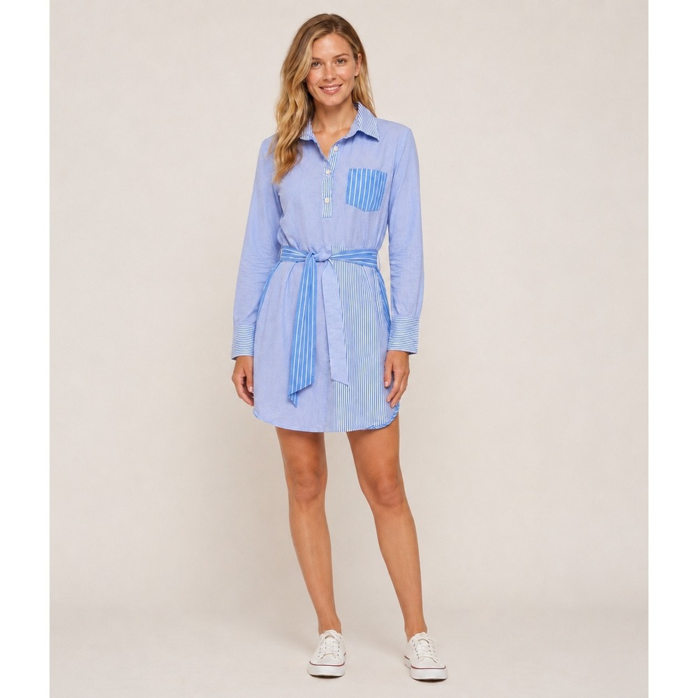 Romeo & Juliet Couture Shirt Dress Womens Small Blue White Pinstripe Cotton Belt